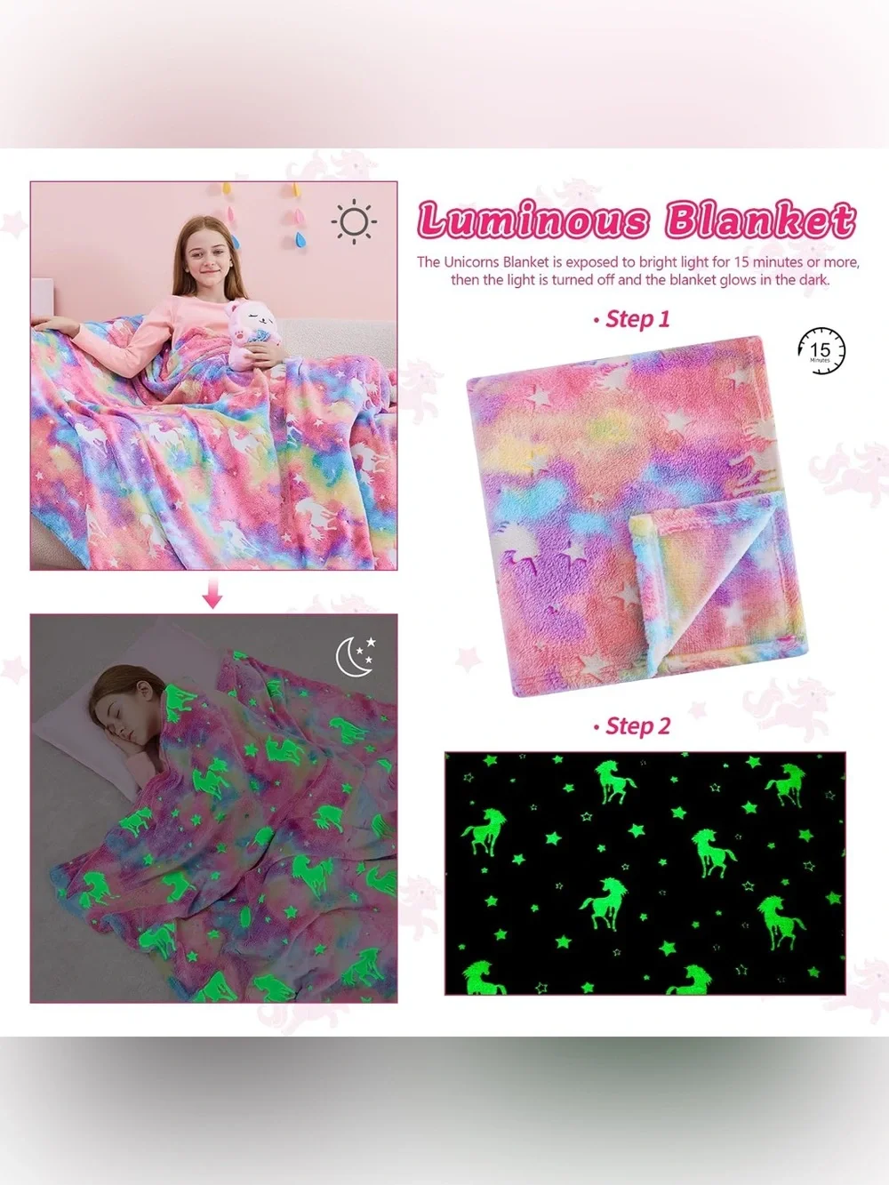 Kids Rainbow Unicorn Glow in the Dark Blanket - Pink Multicolor Throw Blanket
